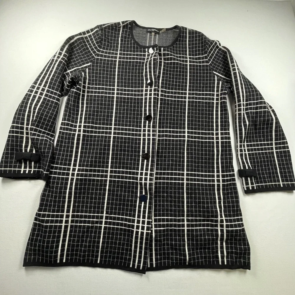 Karl Lagerfeld Paris Womens Black White Grid Longline Plaid Cardigan Size XL